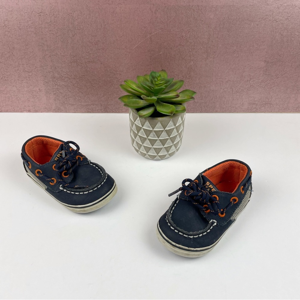 Sperry Top Sider Leather Navy Blue Orange Boat Shoes Slip On Baby Boy 4M